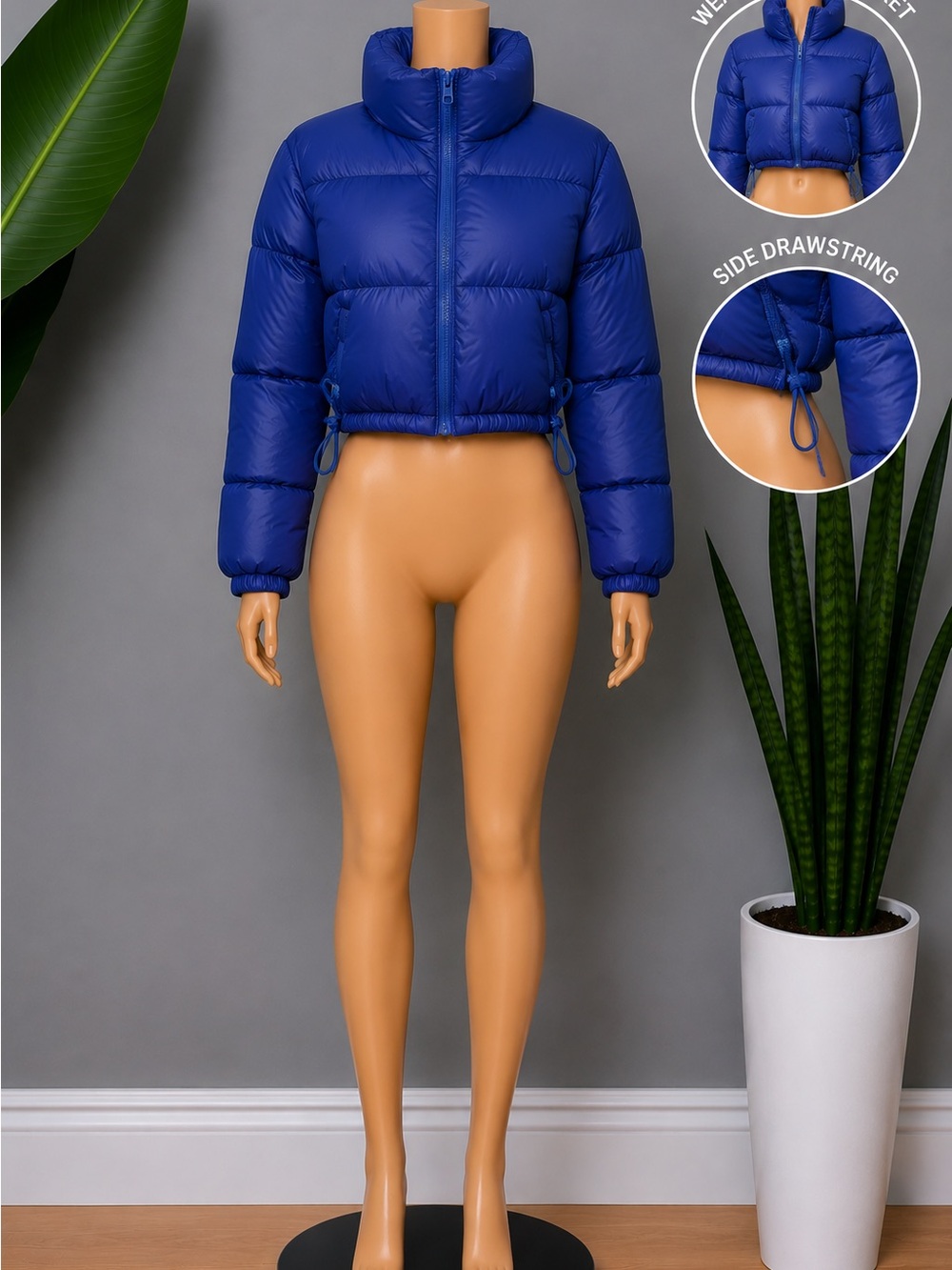 Cropped Puffer Jacket in Royal Blue - Women's Winter Coat